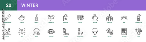 Set of 20 outline web Winter icons such as cold, matches, mitten, snowy, champagne, thermo, sweater vector icons for report, presentation, diagram, web design, mobile app