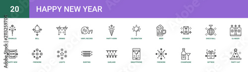Set of 20 outline web Happy New Year icons such as party hat, giftbox, champagne, firework, smartphone, garland, bunting vector icons for report, presentation, diagram, web design, mobile app
