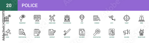 Set of 20 outline web Police icons such as walkie talkie, bulhorn, law book, investigation, document, nightstick, contract vector icons for report, presentation, diagram, web design, mobile app