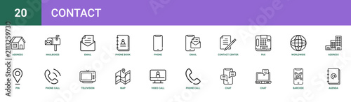 Set of 20 outline web Contact icons such as agenda, barcode, chat, chat, phone call, video call, map vector icons for report, presentation, diagram, web design, mobile app