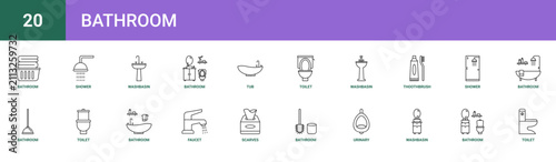 Set of 20 outline web Bathroom icons such as toilet, bathroom, washbasin, urinary, bathroom, scarves, faucet vector icons for report, presentation, diagram, web design, mobile app