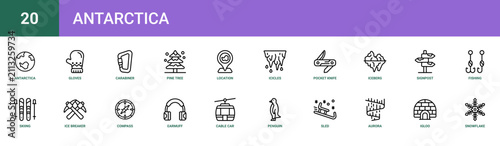 Set of 20 outline web Antarctica icons such as snowflake, igloo, aurora borealis, sled, penguin, cable car, earmuff vector icons for report, presentation, diagram, web design, mobile app