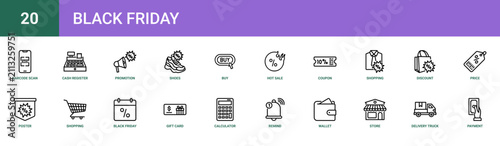 Set of 20 outline web Black Friday icons such as payment, delivery truck, store, wallet, remind, calculator, gift card vector icons for report, presentation, diagram, web design, mobile app