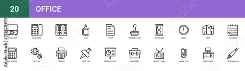 Set of 20 outline web Office icons such as fountain pen, office desk, paper clip, identity card, briefcase, presentation, push pin vector icons for report, presentation, diagram, web design, mobile