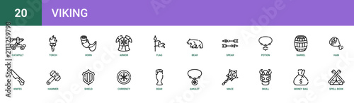 Set of 20 outline web Viking icons such as spell book, money bag, skull, mace, amulet, bear, currency vector icons for report, presentation, diagram, web design, mobile app