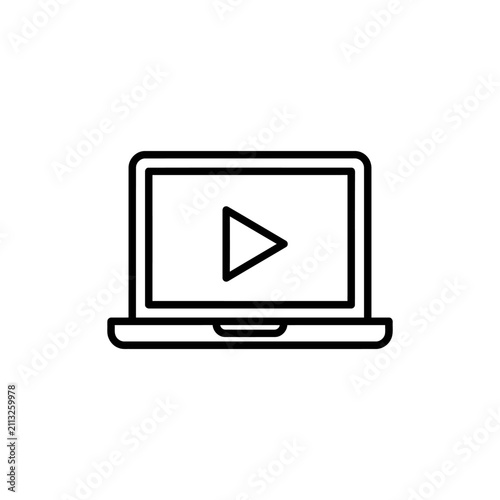 An outline icon of a laptop displaying a play button