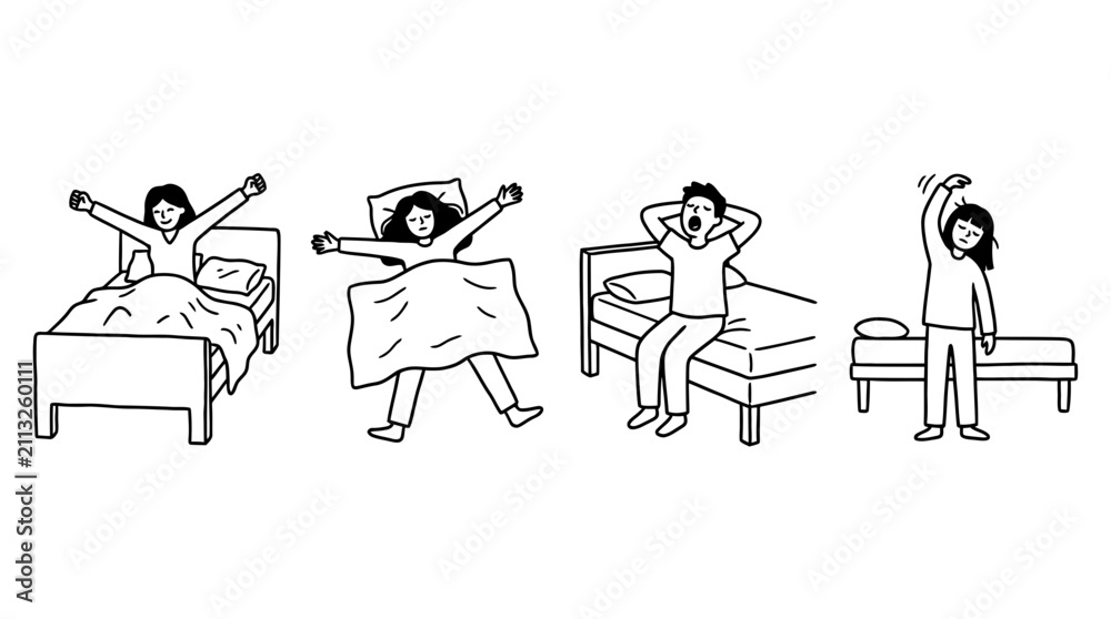 Obraz premium Four morning routine black indie line art character pose set