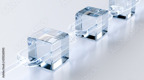 A digital representation of a blockchain, showing interconnected transparent cubes forming a chain on a light surface