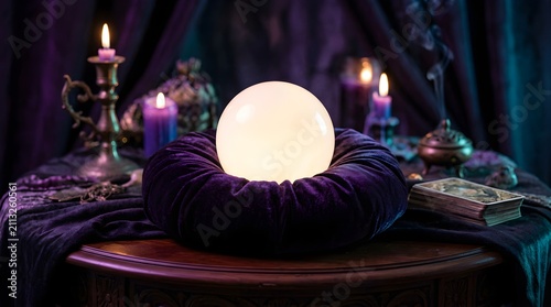 Glowing crystal ball on velvet cushion for fortune telling and magic