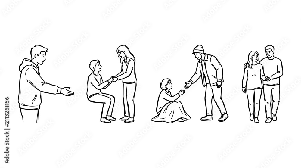 Fototapeta premium Four caring black indie line art character pose set