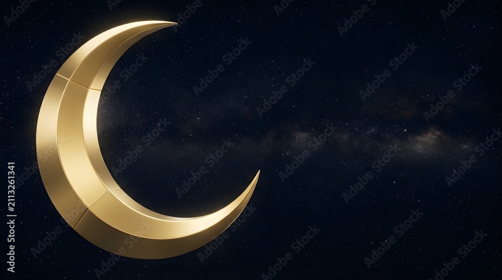 Naklejka premium Golden crescent moon shape floating in a starry night sky for background