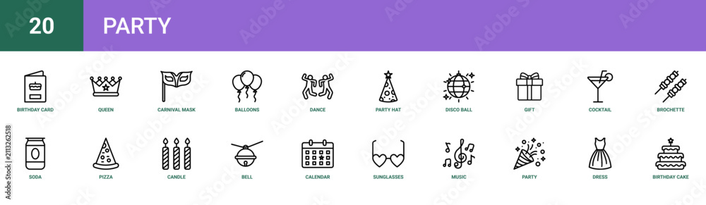 Fototapeta premium Set of 20 outline web Party icons such as birthday cake, dress, party, music, sunglasses, calendar, bell vector icons for report, presentation, diagram, web design, mobile app