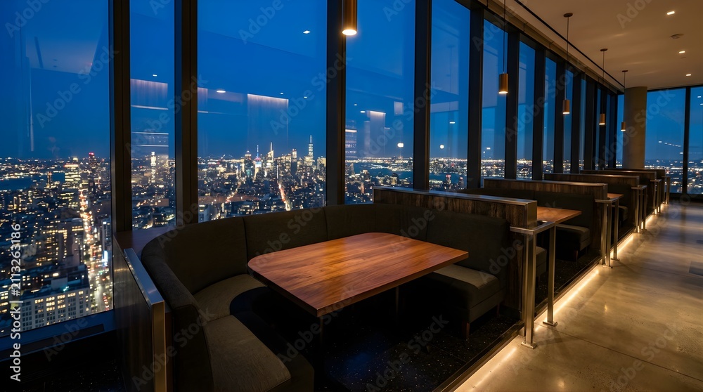 Fototapeta premium Modern luxury restaurant booth with panoramic city skyline view at night