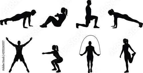 Home Fitness Exercise Silhouette Set with Push Up Squat Lunge Sit Up and Jump Rope Poses