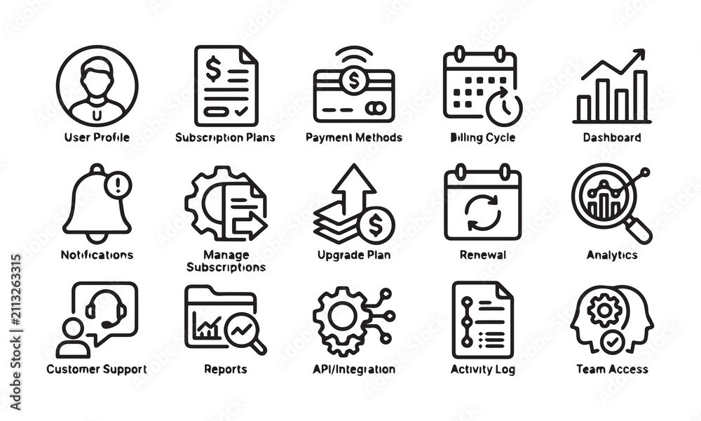 Fototapeta premium Subscription management icons featuring user profile dashboard and billing options.