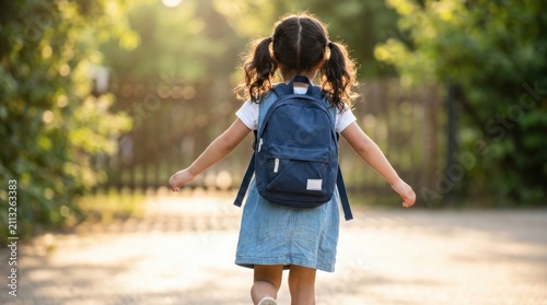 Young girl with backpack walking towards school on a sunny day.