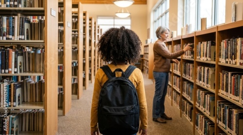 Young girl with backpack walks down library aisle with woman selecting book.
