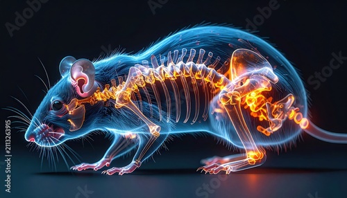 Transparent anatomical illustration of a mouse showing internal skeletal structure and glowing organs in blue and orange light