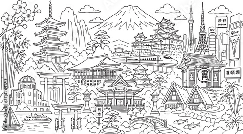 Detailed Japan Landmarks Coloring Page Illustration with Mount Fuji, Pagoda, and Shinkansen