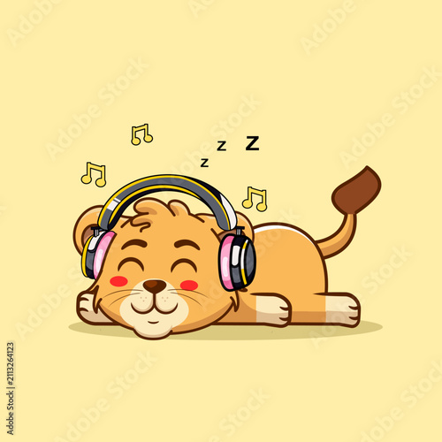 Billede på lærred Sleeping Lion Wearing Headphones with Musical Notes Vector Illustration Kawaii A