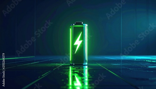 Glowing green battery icon with a lightning bolt symbol representing renewable energy and power storage in a dark room
