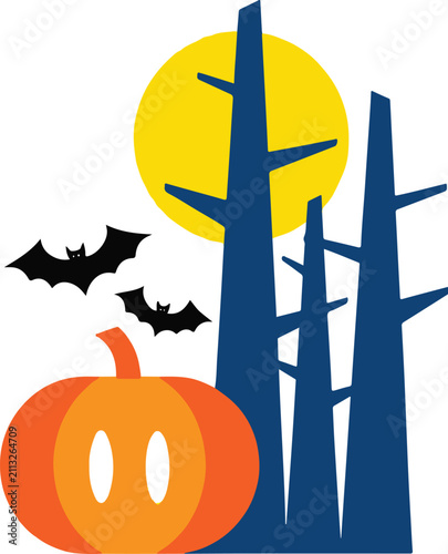 Halloween Pumpkin and Spooky Forest Scene – Flat Vector Autumn Holiday Illustration