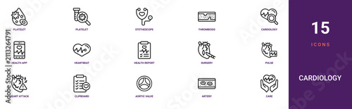 Canvastavla Set of 15 outline web Cardiology icons such as care, artery, aortic valve, clipb