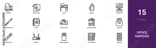 Foto Set of 15 outline web Office Supplies icons such as cabinet, calculator, pencil