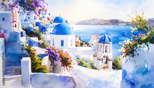 A watercolor depiction of Santorini with blue domes and Aegean Sea, ideal for travel blogs, Greek tourism, Mediterranean charm, or summer wanderlust themes