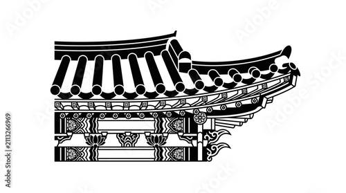 Black and white illustration of traditional Korean architectural roof eave.