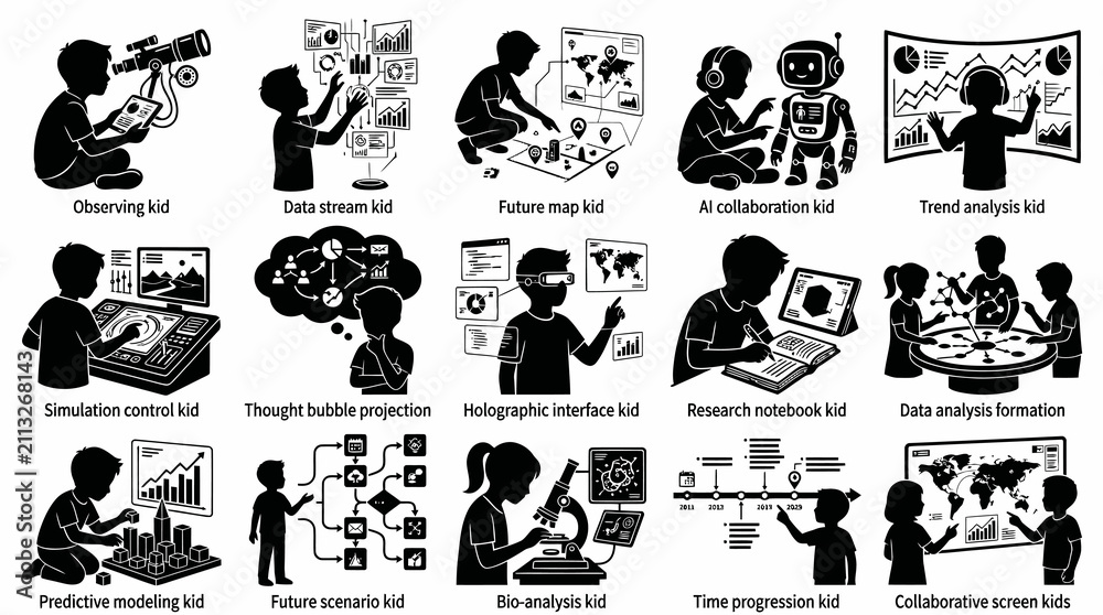 Fototapeta premium Children's learning icons: Technology and science education for kids, glyph art