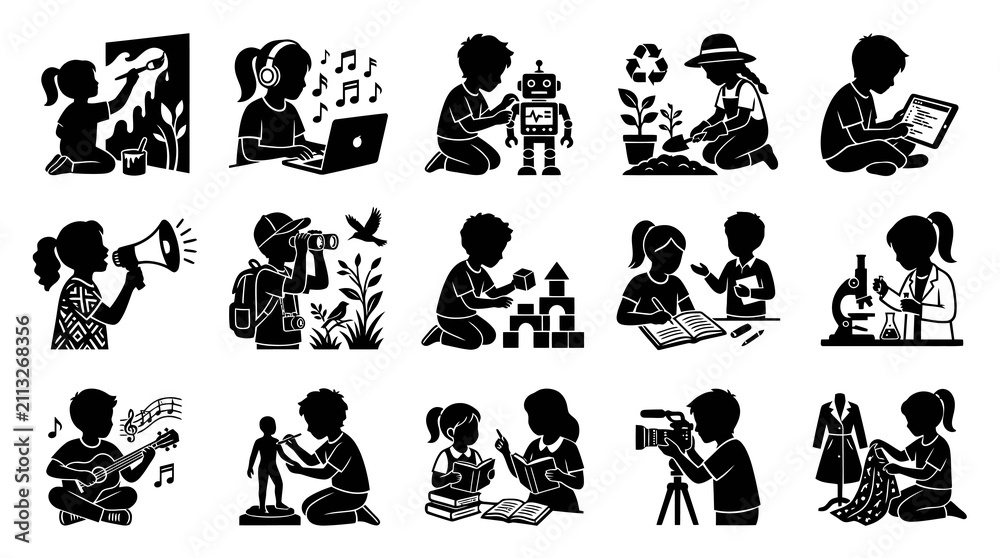 Fototapeta premium Diverse Childhood Education Learning Activities Black and White Glyph Silhouette Icons Set