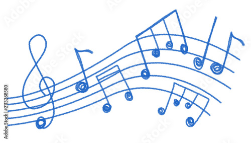Blue hand drawn music notes with treble clef with wavy staff on transparent, crayon sketch doodle childish musical design element.

