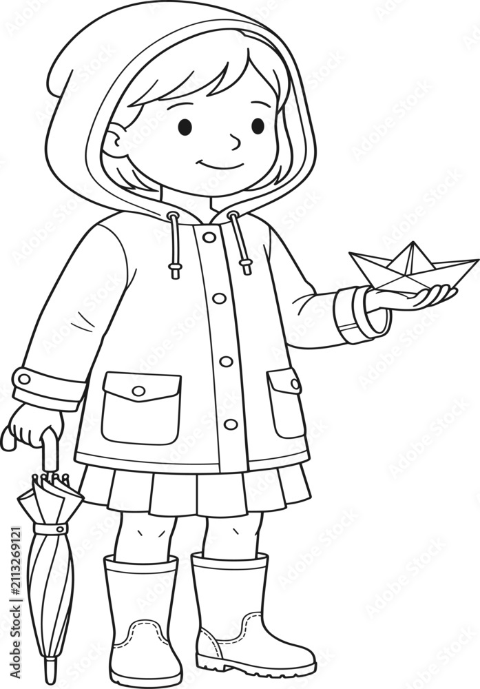 Fototapeta premium Cute little girl in a raincoat holding a paper boat coloring page outline vector