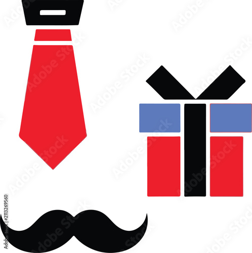 Business Icon Set with Tie, Gift Box and Mustache – Minimal Flat Vector Style