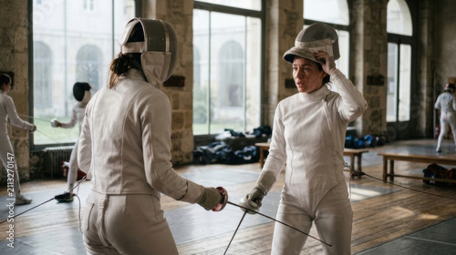 Two fencers adjusting their gear during a fencing practice session inside an old stone building with large windows with focus on duel swordsmanship white outfits.
