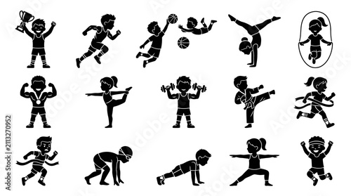 Children Sports And Fitness Activities Black Glyph Icons Set