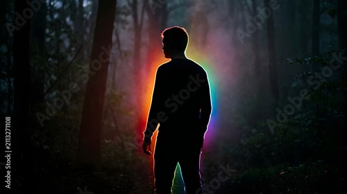Siluet Pria Berdiri di Hutan Gelap Dikelilingi Aura Cahaya Pelangi Misterius