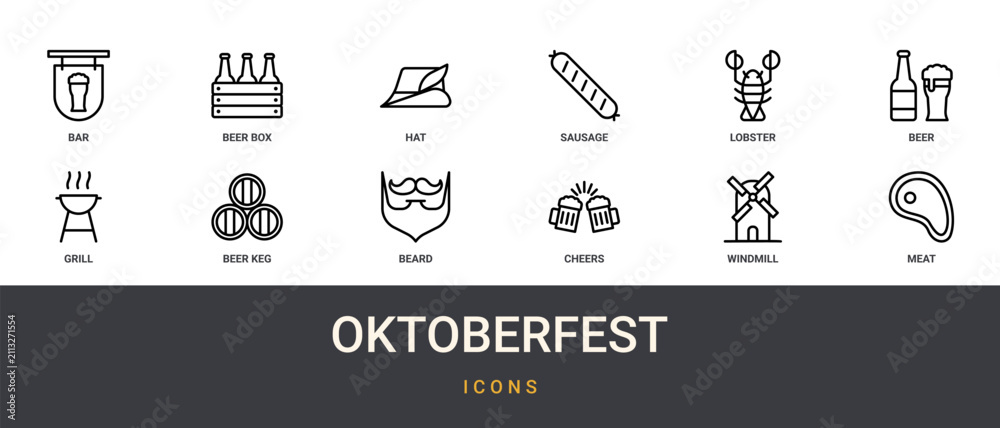 Fototapeta premium Set of 12 outline web Oktoberfest icons such as meat, windmill, cheers, beard, beer keg, grill, beer vector icons for report, presentation, diagram, web design, mobile app