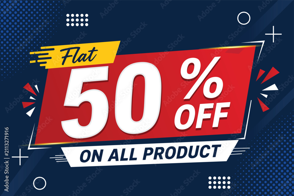Fototapeta premium Flat 50 percent off sale banner template. Vector red and blue geometric promo badge design with yellow accent and halftone pattern isolated for store marketing discounts.