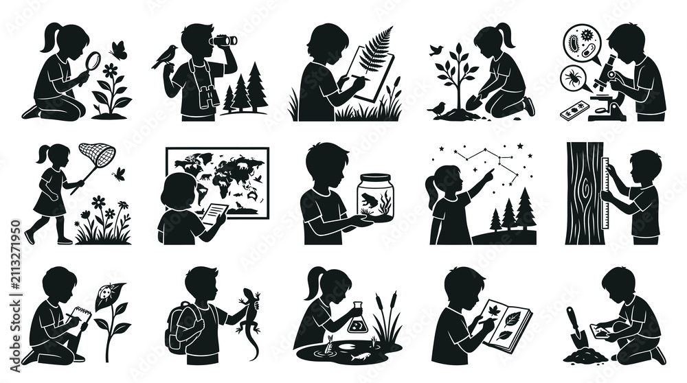 Fototapeta premium Children Exploring Nature Science Learning Black and White Vector Icons