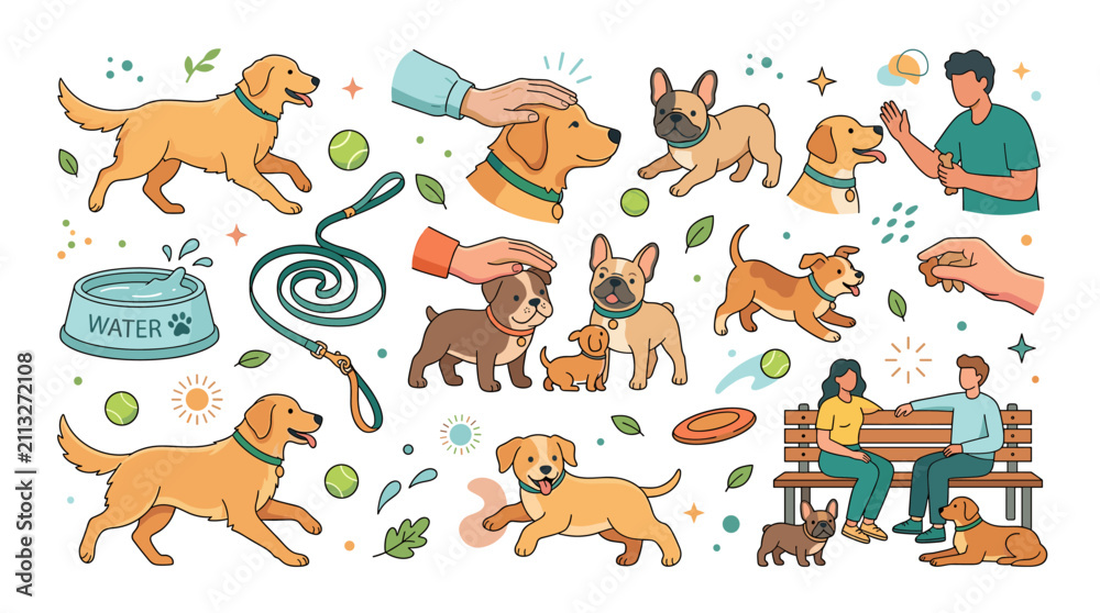 Obraz premium Cute dog illustrations with people and accessories