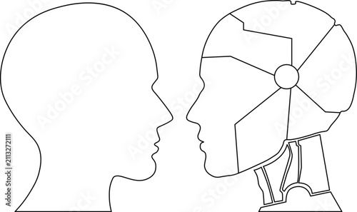 Human Head Profile Facing Robot Profile Outline Vector Illustration