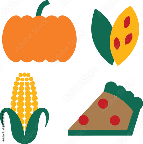 Food and Agriculture Icon Set with Pumpkin, Corn, Pizza Slice and Leaf – Flat Vector Illustration