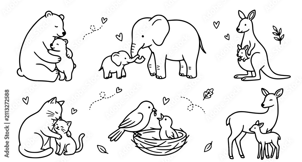 Obraz premium Cute hand drawn collection of various mother animals with their babies including bears elephants kangaroos cats birds and deer