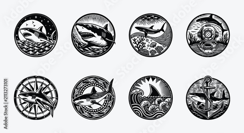 Linocut shark vector set featuring vintage black and white engraved nautical badges ocean waves anchor diving helmet compass rose and sea predator emblems.