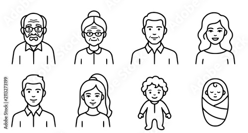 Fotografía A collection of simple line art icons representing a multi generational family i