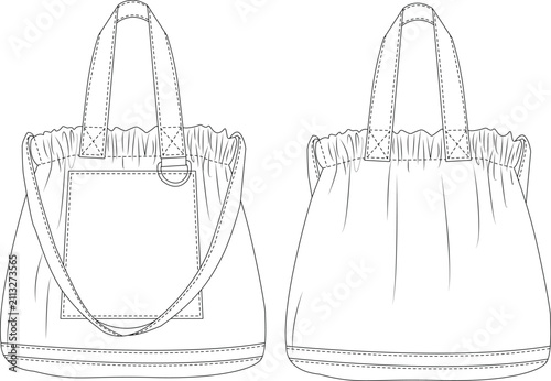 Slouchy Shoulder Bag Flat Sketch Front and Back View with Drawstring Detail