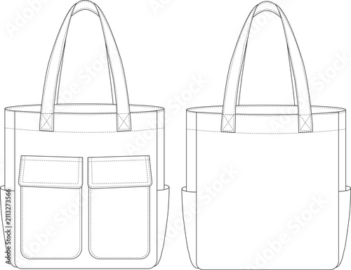Classic Tote Bag Technical Sketch with Front Flap Pockets and Side Pockets Vector