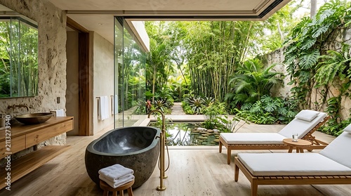 Luxurious open-air bathroom featuring a free-standing stone tub leading to a tropical courtyard with sun loungers and a stone pool